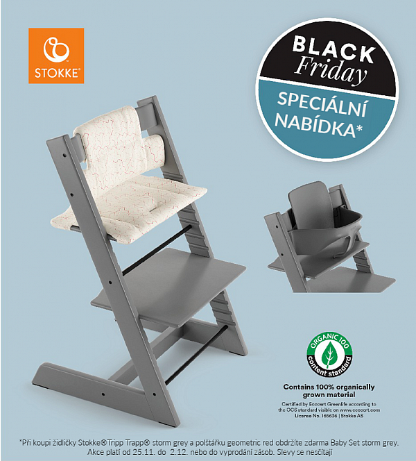 STOKKE® TRIPP TRAPP® ŽIDLIČKA storm grey + geometric red polštářek