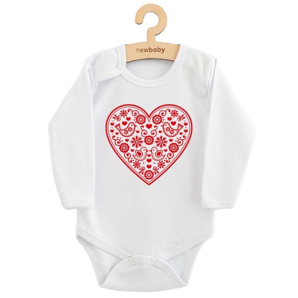 NEW BABY Dětské body s potiskem Lidový vzor červené srdíčko