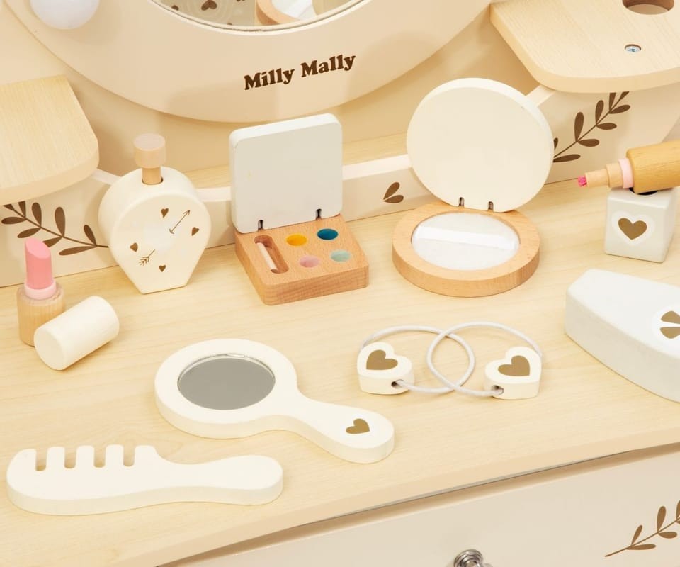 MILLY MALLY Velký dřevěný toaletní stolek pro děti s LED osvětlením a stoličkou Elly