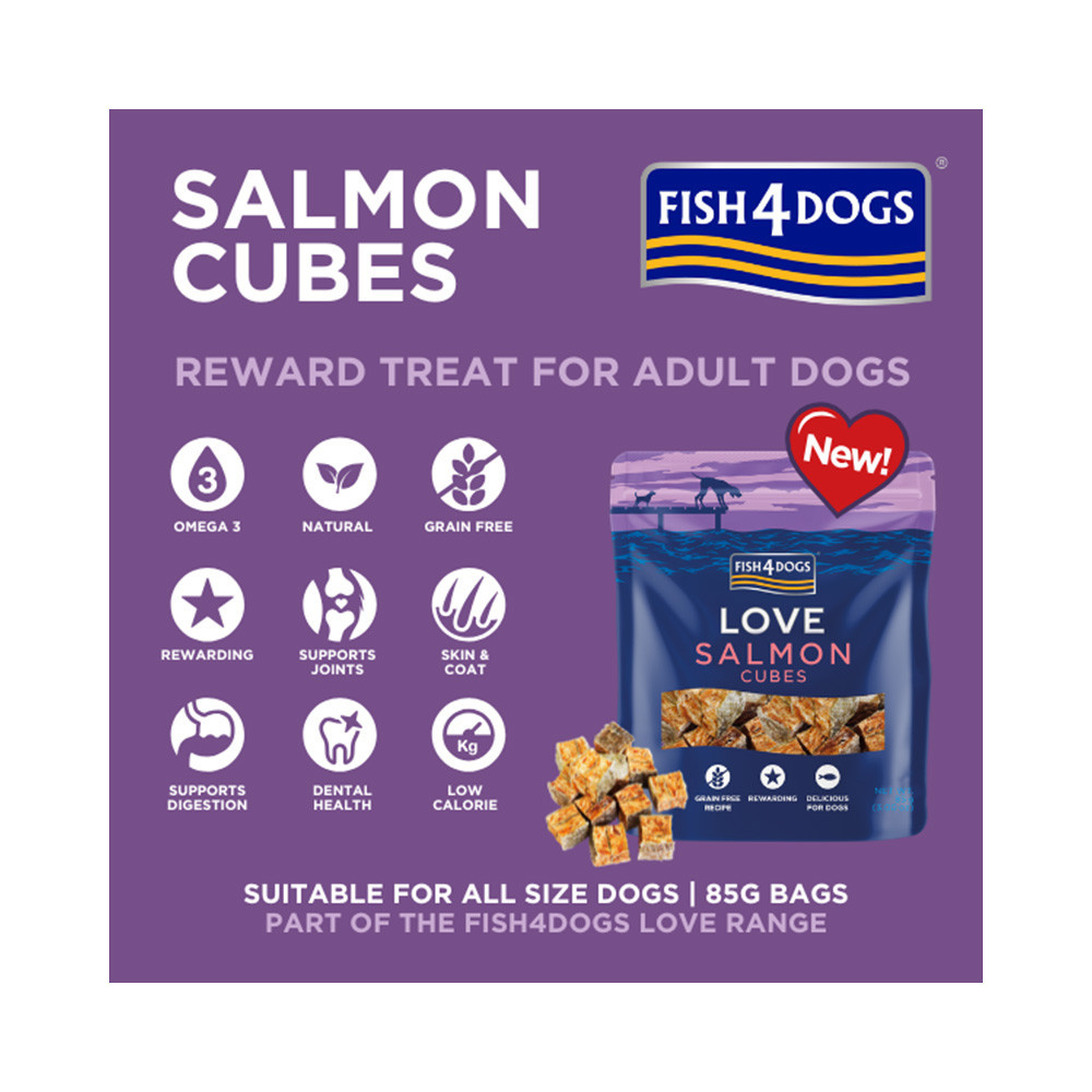 FISH4DOGS Pamlsky pro psy LOVE s lososem - kostky 85 g