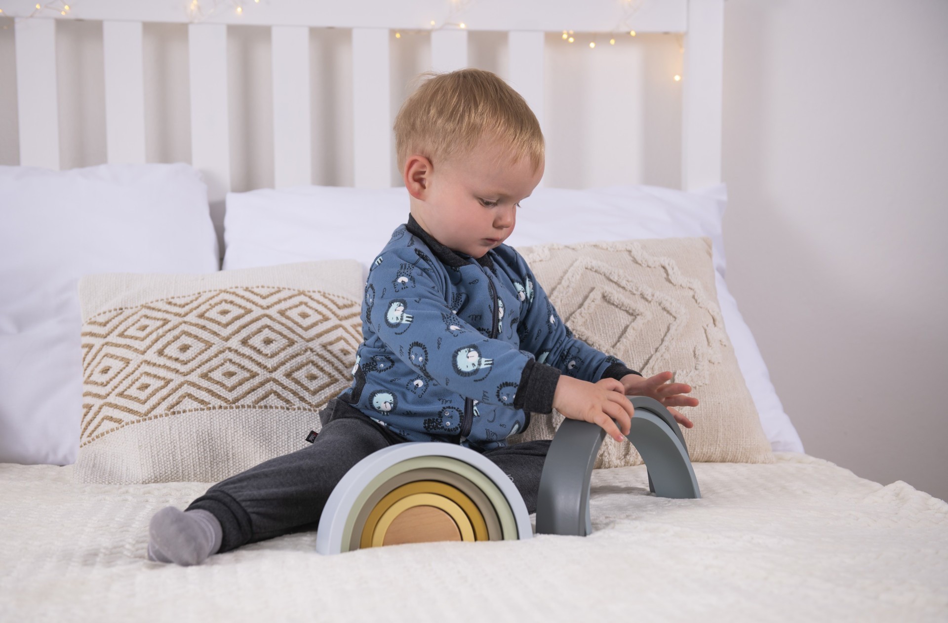 LITTLE ANGEL Mikina podšitá Outlast® - denim lvíčci/šedý melír