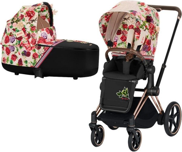Kočárek CYBEX Priam Lux Seat Fashion Spring Blossom 2021 včetně korby, podvozek priam chrome brown