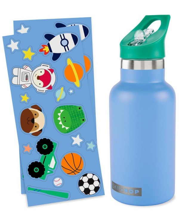 SKIP HOP Láhev se slámkou nerezová s nálepkami canteen 380 ml, 4r+