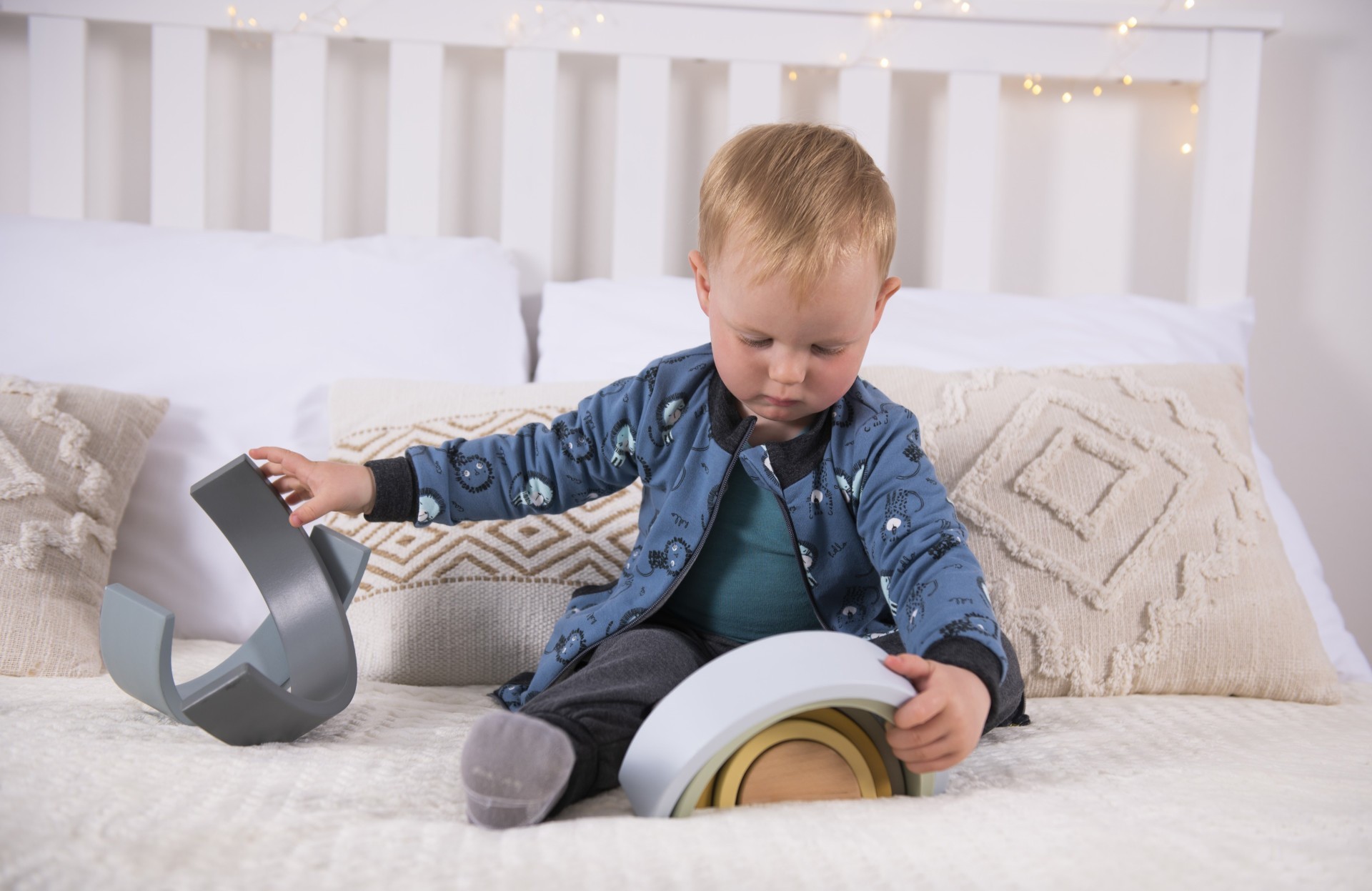 LITTLE ANGEL Mikina podšitá Outlast® - denim lvíčci/šedý melír