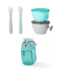 SKIP HOP Set jídelní s hrnkem 5 ks Easy-Feed Mealtime Set Teal / Grey 6m +