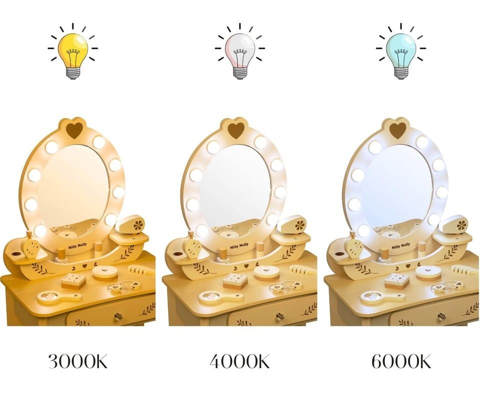 MILLY MALLY Velký dřevěný toaletní stolek pro děti s LED osvětlením a stoličkou Elly