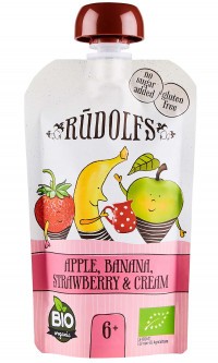 RUDOLFS BIO kapsička Jablko, banán, jahoda se smetanou 110 g (od 6 měsíců)