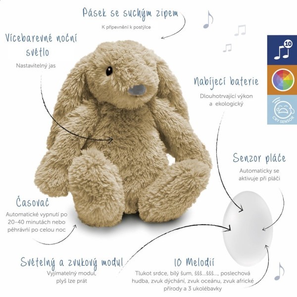 ZAZU Králíček RO - Šumící zvířátko s nočním světlem a USB nabíjením