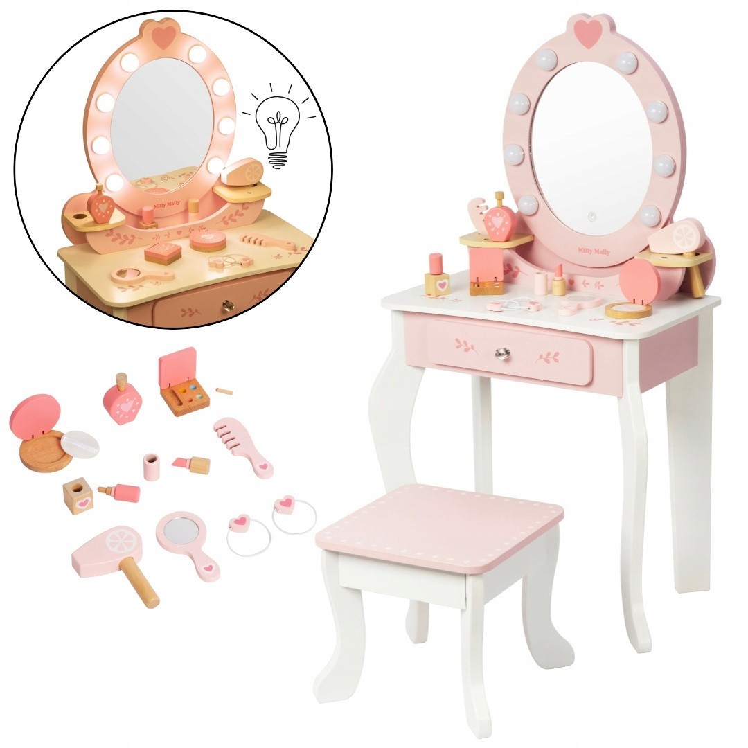 MILLY MALLY Velký dřevěný toaletní stolek pro děti s LED osvětlením a stoličkou Elly - Pink