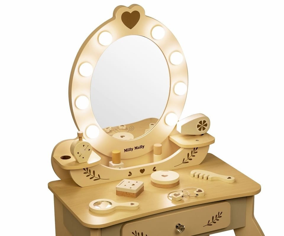 MILLY MALLY Velký dřevěný toaletní stolek pro děti s LED osvětlením a stoličkou Elly
