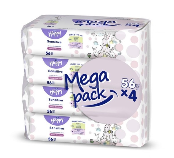 BELLA HAPPY BABY 4x Vlhčené ubrousky sensitive s aloe vera 56 ks, MEGA PACK