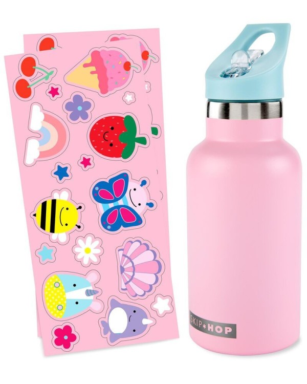 SKIP HOP Láhev se slámkou nerezová s nálepkami canteen 380 ml, 4r+