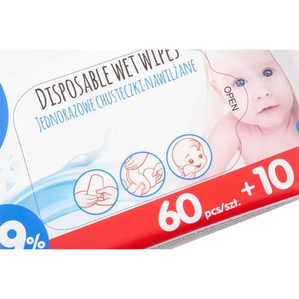AKUKU Dětské vlhčené ubrousky 99% vody 60 + 10 ks ZDARMA