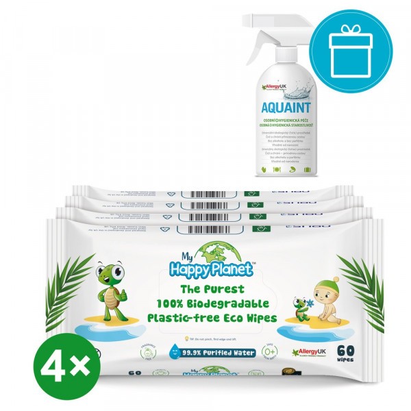 4x MY HAPPY PLANET 100% Bio Ubrousky vlhčené odbouratelné 60 ks + AQUAINT 500 ml