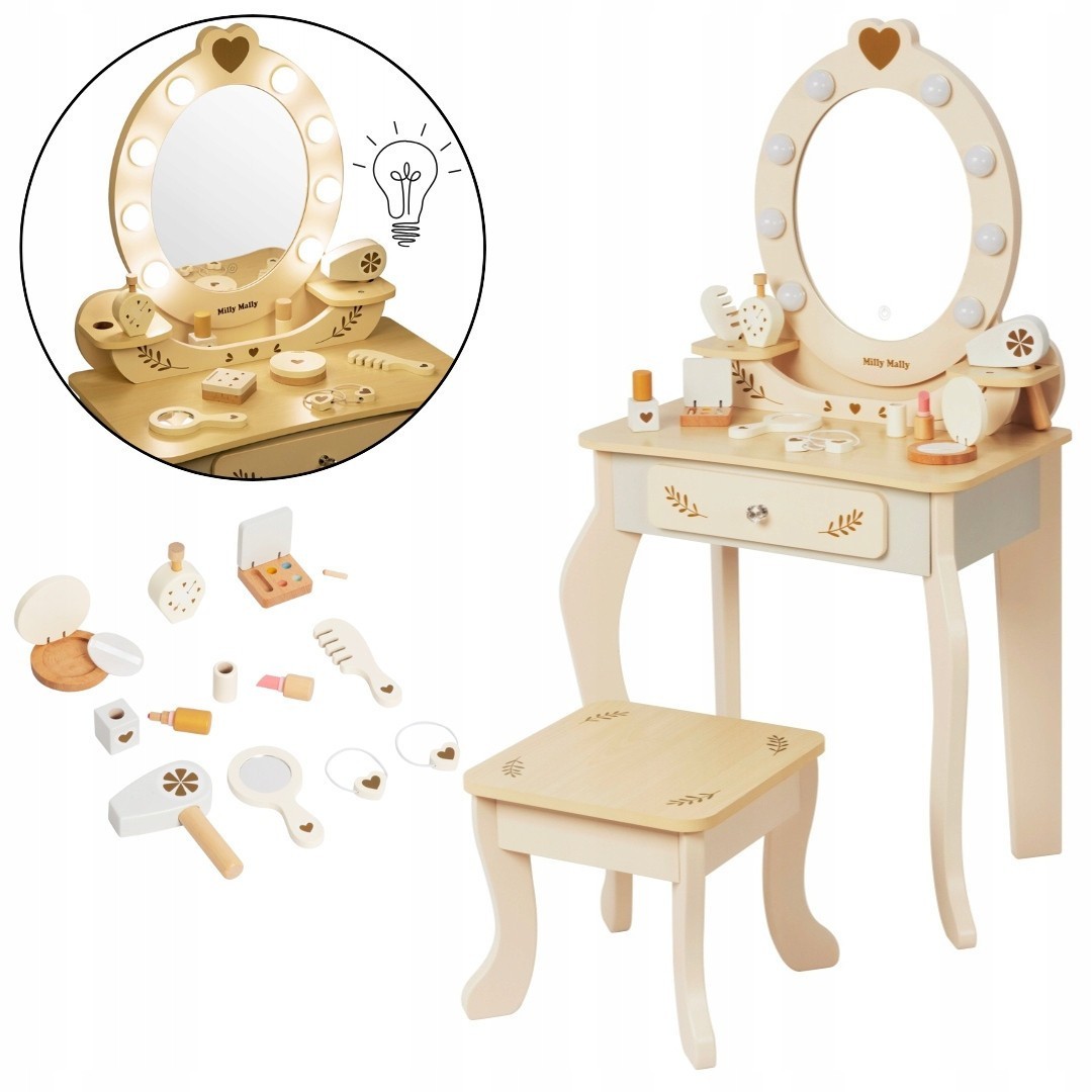MILLY MALLY Velký dřevěný toaletní stolek pro děti s LED osvětlením a stoličkou Elly - Natural