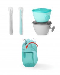 SKIP HOP Set jídelní s hrnkem 5 ks Easy-Feed Mealtime Set Teal / Grey 6m +